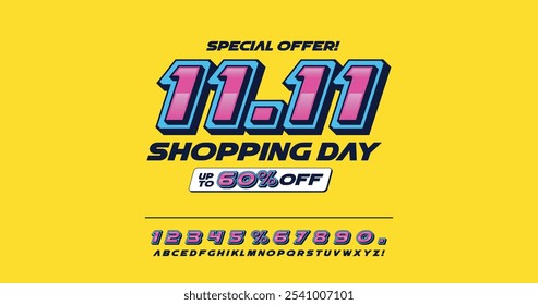 Shopping Day 11-11 Sale: Bold uppercase letters and numbers for promotions and retail branding. Perfect for business events and festive sales. Vector illustration.