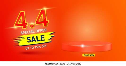 Día de compras 4.4 Cartel o pancarta con producto en blanco podio geométrico rojo. Promoción 75% de oferta de descuento en una ocasión especial, dar cupón para producto promocional. Vector.