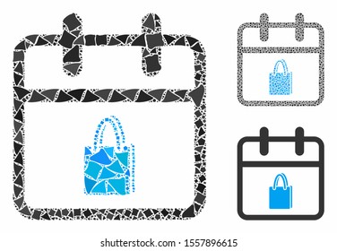 Shopping day composition of tuberous parts in various sizes and color tints, based on shopping day icon. Vector ragged parts are united into composition.