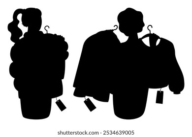 Día de compras. Las mujeres lindas eligen y prueban ropa a la venta. Dibujos negros aislados de la silueta Comprador femenino en el fondo blanco. Ilustración vectorial. Concepto de compra, Black Friday