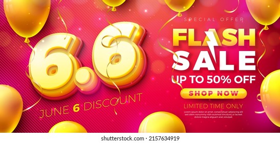 Shopping Day Flash Sale Design with 3d 6.6 Number and Party Balloon on Red Background. Vector 6 June Special Offer Illustration for Coupon, Voucher, Banner, Flyer, Promotional Poster, Invitation or