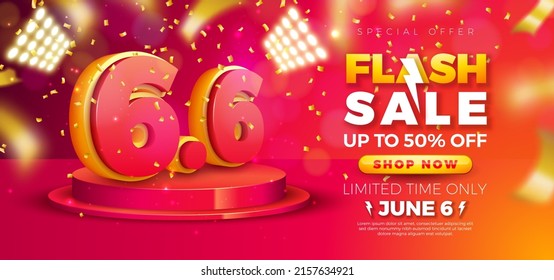 Shopping Day Flash Sale Design with 3d 6.6 Number on Podium and Falling Confetti on Red Background. Vector 6 June Special Offer Illustration for Coupon, Voucher, Banner, Flyer, Promotional Poster