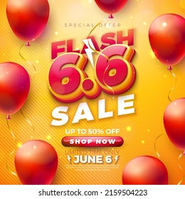 Shopping Day Flash Sale Design with 3d 6.6 Number and Party Balloon on Yellow Background. Vector 6 June Special Offer Illustration for Coupon, Voucher, Banner, Flyer, Promotional Poster, Invitation or