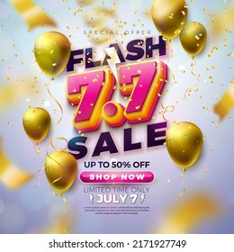 Shopping Day Flash Sale Design with 3d 7.7 Number on Podium and Falling Confetti on Light Background. Vector 7 July Special Offer Illustration for Coupon, Voucher, Banner, Flyer, Promotional Poster