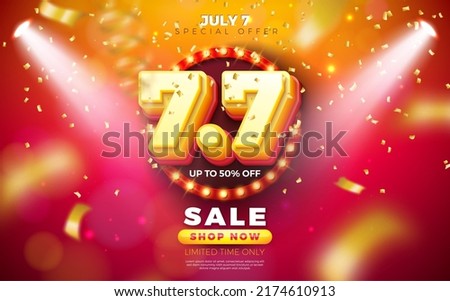 Shopping Day Flash Sale Design with 3d 7.7 Number and Light Bulb Billboard on Red Background. Vector 7 July Special Offer Illustration for Coupon, Voucher, Banner, Flyer, Promotional Poster