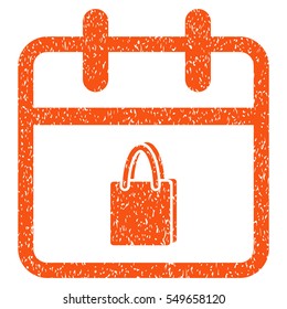 Shopping Day grainy textured icon for overlay watermark stamps. Flat symbol with dirty texture. Dotted vector orange ink rubber seal stamp with grunge design on a white background.