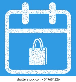 Shopping Day grainy textured icon for overlay watermark stamps. Flat symbol with dirty texture. Dotted vector white ink rubber seal stamp with grunge design on a blue background.