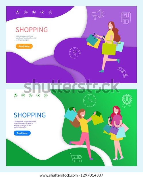 Shopping Day Happy Women Running Bags Stock Vector Royalty Free