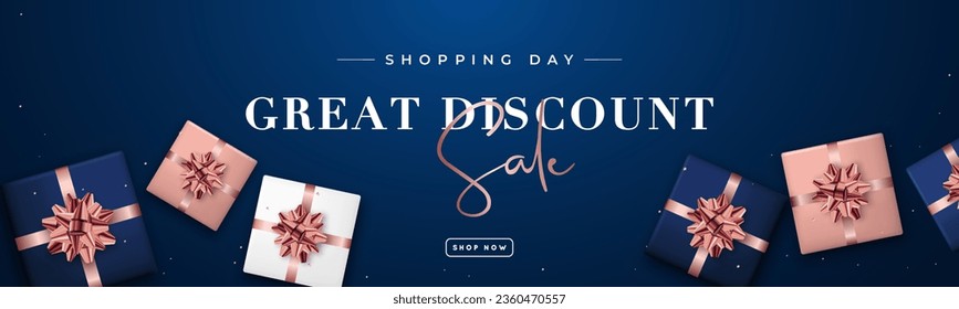 Shopping Day horizontal banner. Online store with gift boxes. Great discount. 