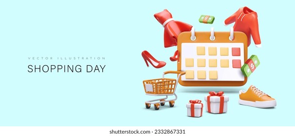 Shopping day. Huge tear off calendar, shopping cart, boxes, things. Realistic color illustration. Planned purchases. Promotional days. Grand seasonal sale