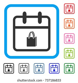 Shopping Day icon. Flat gray iconic symbol inside a light blue rounded frame. Black, gray, green, blue, red, orange color additional versions of Shopping Day vector.