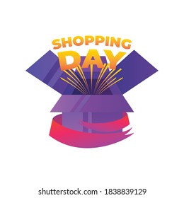 shopping day letteirng coming out gift box and ribbon vector illustration detailed