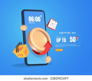 Shopping day on smartphone with arrow in coin cashback, yellow basket, and calendar. Online shopping concept. sale promotion banner. 3d vector illustration