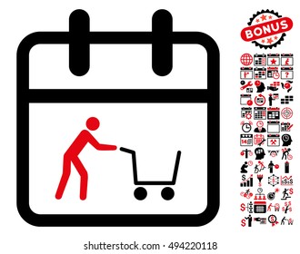 Shopping Day pictograph with bonus calendar and time management clip art. Vector illustration style is flat iconic bicolor symbols, intensive red and black colors, white background.