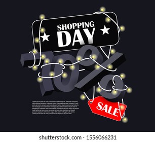 Shopping day sale 70% with volume figures and garland. Vector banner