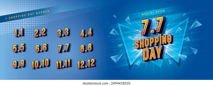 Shopping Day Sale Banner Template Design, Abstract Blue Geometric Triangle labels, Shopping Day Sale Promotion of every month, Numbers 2, 3, 4, 5, 6, 7, 8, 9, 10, 11, 12 Condensed Font, Special offer.