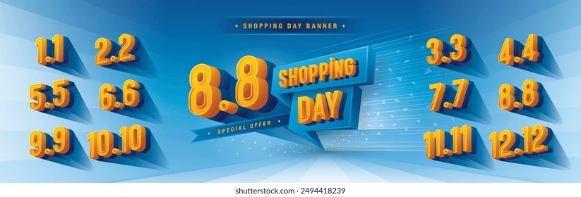 Shopping Day Sale Banner Template Design, Abstract Blue Geometric Speech Bubble Sign, Shopping Day Sale Promotion of every month, Numbers 3, 4, 5, 6, 7, 8, 9, 10, 11, 12 Condensed Font, Special offer.