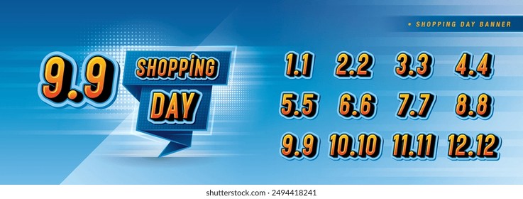 Shopping Day Sale Banner Template Design, Abstract Blue Geometric Dots labels, Shopping Day Sale Promotion of every month, Numbers 1, 2, 3, 4, 5, 6, 7, 8, 9, 10, 11, 12 Condensed Font, Special offer.