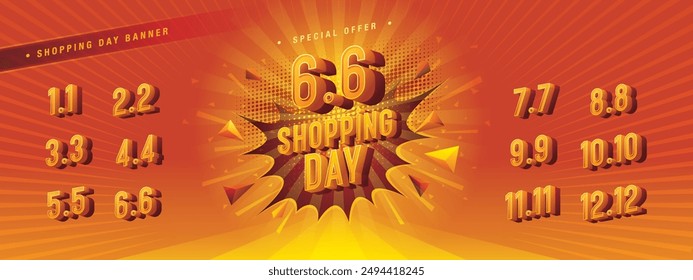 Shopping Day Sale Banner Template Design, Abstract Red Comic Boom labels Sign, Shopping Day Sale Promotion of every month, Numbers 1, 2, 3, 4, 5, 6, 7, 8, 9, 10, 11, 12 Condensed Font, Special offer.