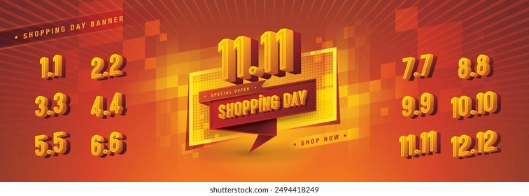 Shopping Day Sale Banner Template Design, Abstract Red Geometric Pixel labels, Shopping Day Sale Promotion of every month, Numbers 1, 2, 3, 4, 5, 6, 7, 8, 9, 10, 11, 12 Condensed Font, Special offer.