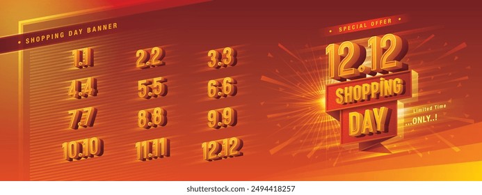 Shopping Day Sale Banner Template Design, Abstract Red Geometric labels Sign, Shopping Day Sale Promotion of every month, Numbers 1, 2, 3, 4, 5, 6, 7, 8, 9, 10, 11, 12 Condensed Font, Special offer.