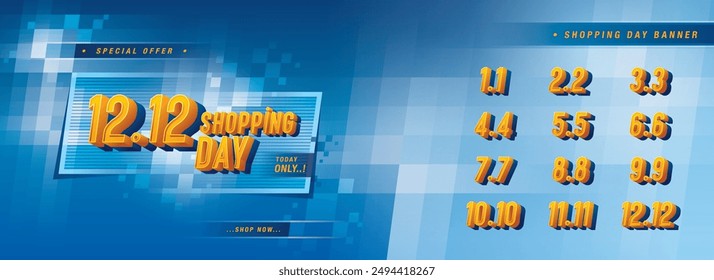 Shopping Day Sale Banner Template Design, Abstract Blue Geometric Pixel labels, Shopping Day Sale Promotion of every month, Numbers 1, 2, 3, 4, 5, 6, 7, 8, 9, 10, 11, 12 Condensed Font, Special offer.