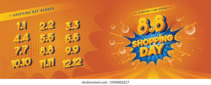 Shopping Day Sale Banner Template Design, Abstract Blue Comic Boom Dots labels Sign, Shopping Day Promotion of every month, Calendar Shopping festival. Numbers 1, 2, 3, 4, 5, 6, 7, 8, 9, 10, 11, 12