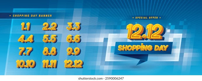 Shopping Day Sale Banner Template Design, Abstract Blue Geometric Pixel labels Sign, Shopping Day Promotion of every month, Calendar Shopping festival. Numbers 1, 2, 3, 4, 5, 6, 7, 8, 9, 10, 11, 12