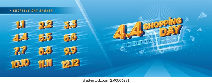 Shopping Day Sale Banner Template Design, Abstract Blue Geometric Shopping Cart Sign, Shopping Day Promotion of every month, Calendar Shopping festival. Numbers 1, 2, 3, 4, 5, 6, 7, 8, 9, 10, 11, 12