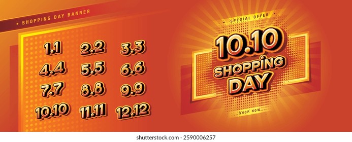 Shopping Day Sale Banner Template Design, Abstract Red Geometric Dots labels Sign, Shopping Day Promotion of every month, Calendar Shopping Day festival. Numbers 1, 2, 3, 4, 5, 6, 7, 8, 9, 10, 11, 12