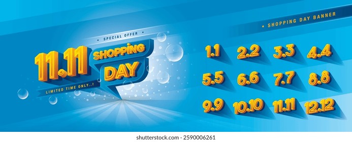 Shopping Day Sale Banner Template, Abstract Blue Geometric Speech Bubbles Sign, Shopping Day Sale Promotion of every month, Calendar Shopping festival. Numbers 1, 2, 3, 4, 5, 6, 7, 8, 9, 10, 11, 12