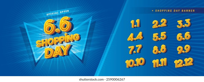 Shopping Day Sale Banner Template Design, Abstract Blue Geometric Triangle labels Sign, Shopping Day Promotion of every month, Calendar Shopping festival. Numbers 1, 2, 3, 4, 5, 6, 7, 8, 9, 10, 11, 12