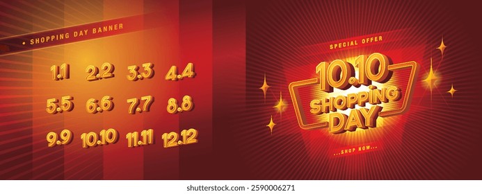 Shopping Day Sale Banner Template Design, Abstract Red Geometric Star labels Sign, Shopping Day Promotion of every month, Calendar Shopping Days festival, Numbers 1, 2, 3, 4, 5, 6, 7, 8, 9, 10, 11, 12