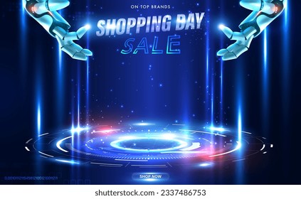 Shopping Day Sale on futuristic technology background banner template. 3d technology sale ad template with robotic hand. Futuristic online shopping. Special Offer for futuristic design. Vector EPS10.