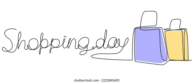 Shopping Day single-line lettering on white isolate. Shopping bags in a continuous line with colored spots. Stock vector illustration for a banner with discount offers.