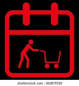 Shopping Day vector icon. Style is flat symbol, red color, rounded angles, black background.