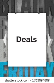 Shopping deals announcement realistic vector banner template. White paper sheet hanging on strings and binders 3d mock up. Black Friday sale advertisement poster layout