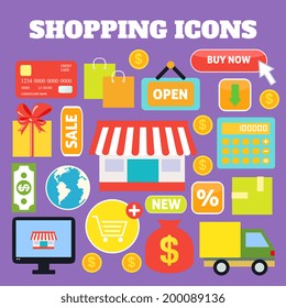 Shopping decorative icons set with plastic card money bags isolated vector illustration