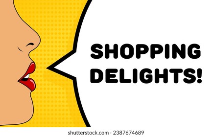 Shopping delights sign. Flat, color, talking lips, shopping delights sign. Vector icon