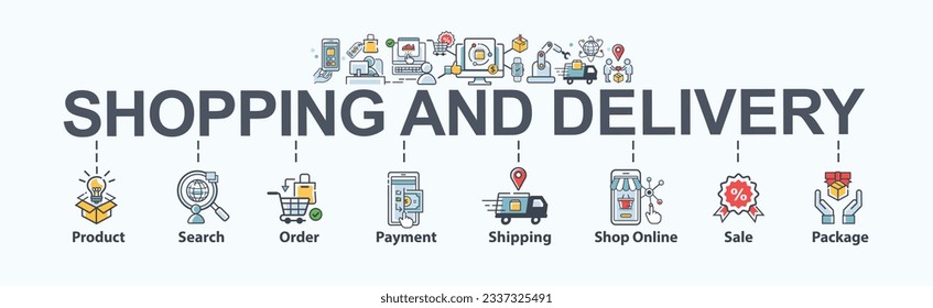 Shopping and delivery banner web icon for Ecommerce, product, order, payment, shipping, shopping online, search, sale, package and satisfaction. Minimal vector infographic.