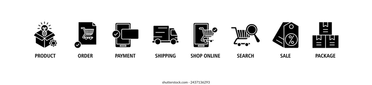 Shopping and delivery banner web icon set vector illustration concept with icon of product, order, payment, shipping, shop online, search, sale, package