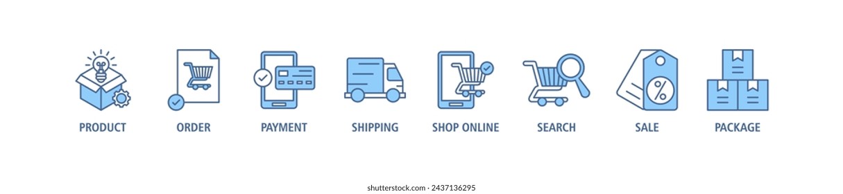 Shopping and delivery banner web icon set vector illustration concept with icon of product, order, payment, shipping, shop online, search, sale, package