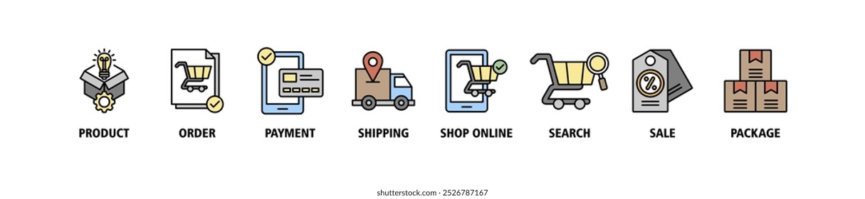Compras e entrega banner web ícone conjunto vetor ilustração conceito com ícone de produto, ordem, pagamento, envio, loja online, pesquisa, venda, pacote ícones infográficos símbolo fundo