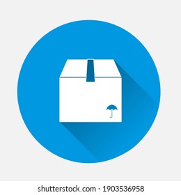 Icono del vector de caja de entrega de compras en fondo azul. Imagen plana con sombra larga.
