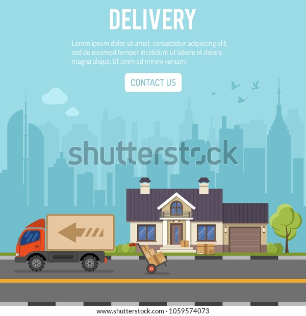 Shopping and Delivery concept with flat\
Icons Set for e-commerce marketing and advertising with house,\
delivery, truck and cityline. Vector\
illustration