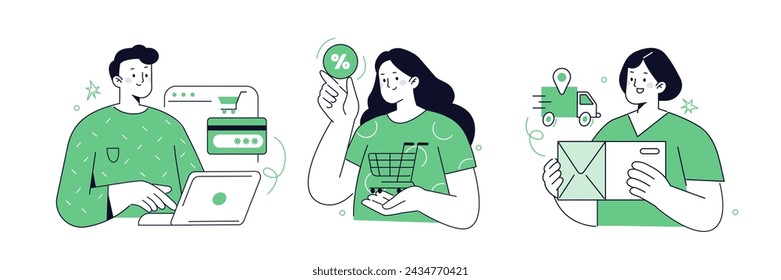Shopping and delivery concept set. Characters buy goods at store, pay with card, receive a parcel. Online retail market. Vector illustration 