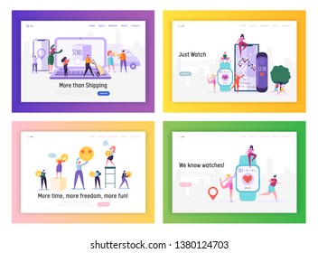 Shopping, Delivery, Healthcare and Social Media Applications Website Landing Page Templates Set, People Using Apps in Life, Shipping, Smart Watch Web Page Cartoon Flat Vector Illustration, Banner