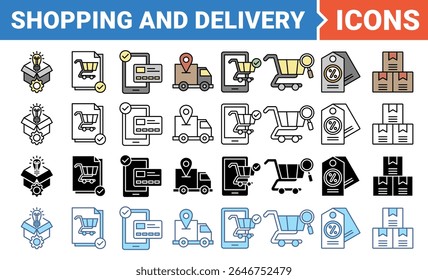 Shopping and delivery icon set with multiple style collection.
