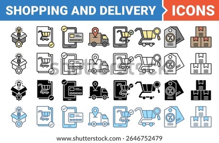 Shopping and delivery icon set with multiple style collection.