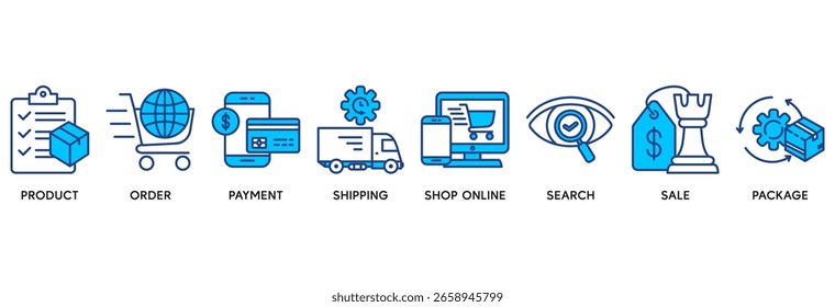 Ícone de compras e entrega definir conceito de ilustração vetorial relacionar-se com o produto, ordem, pagamento, envio, comprar on-line, pesquisa, venda, pacote